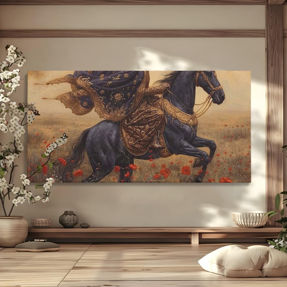 Tablou canvas cu printesa pe armasar negru in camp de maci, fara rama, pe sasiu de lemn